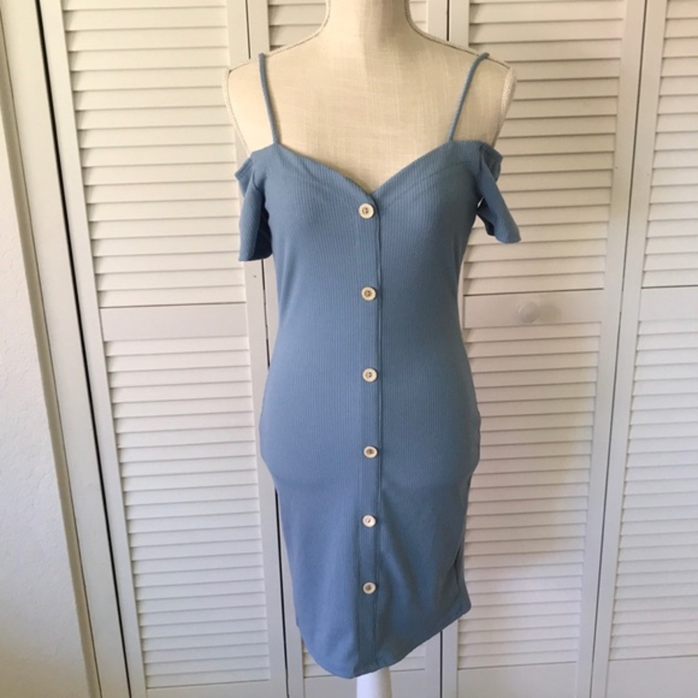 Baby blue, cold shoulder, ribbed knit dress, decorative buttons down the, size S